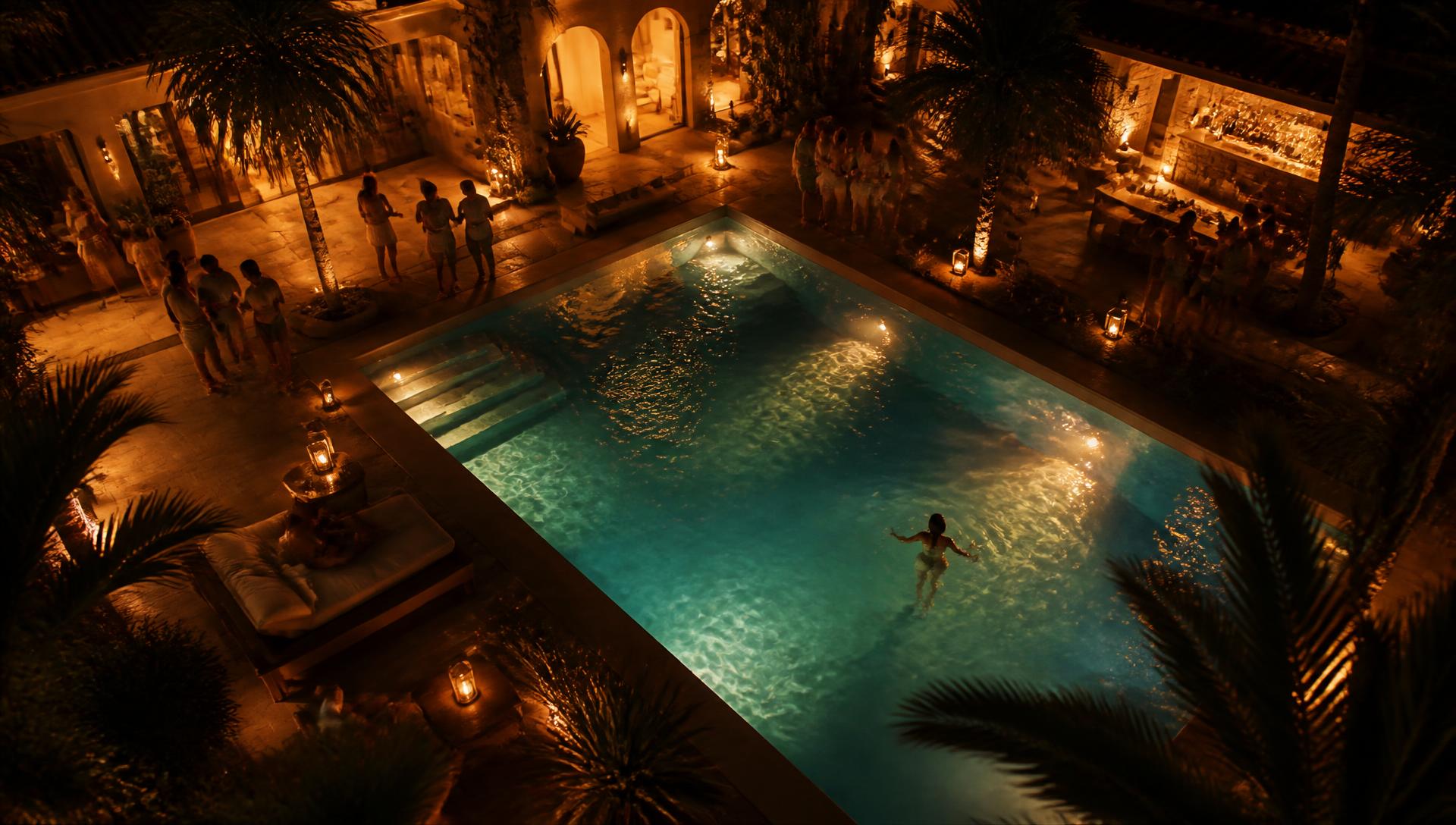 Villa con piscina illuminata di notte durante un evento LaBuonNuit